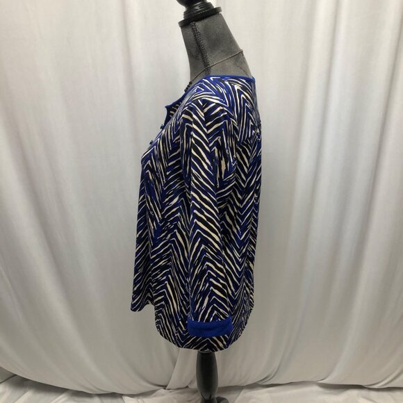 Notations Top Womens Size Medium Blue White Zebra Print Stretchy V-Neck Blouse - Picture 3 of 8